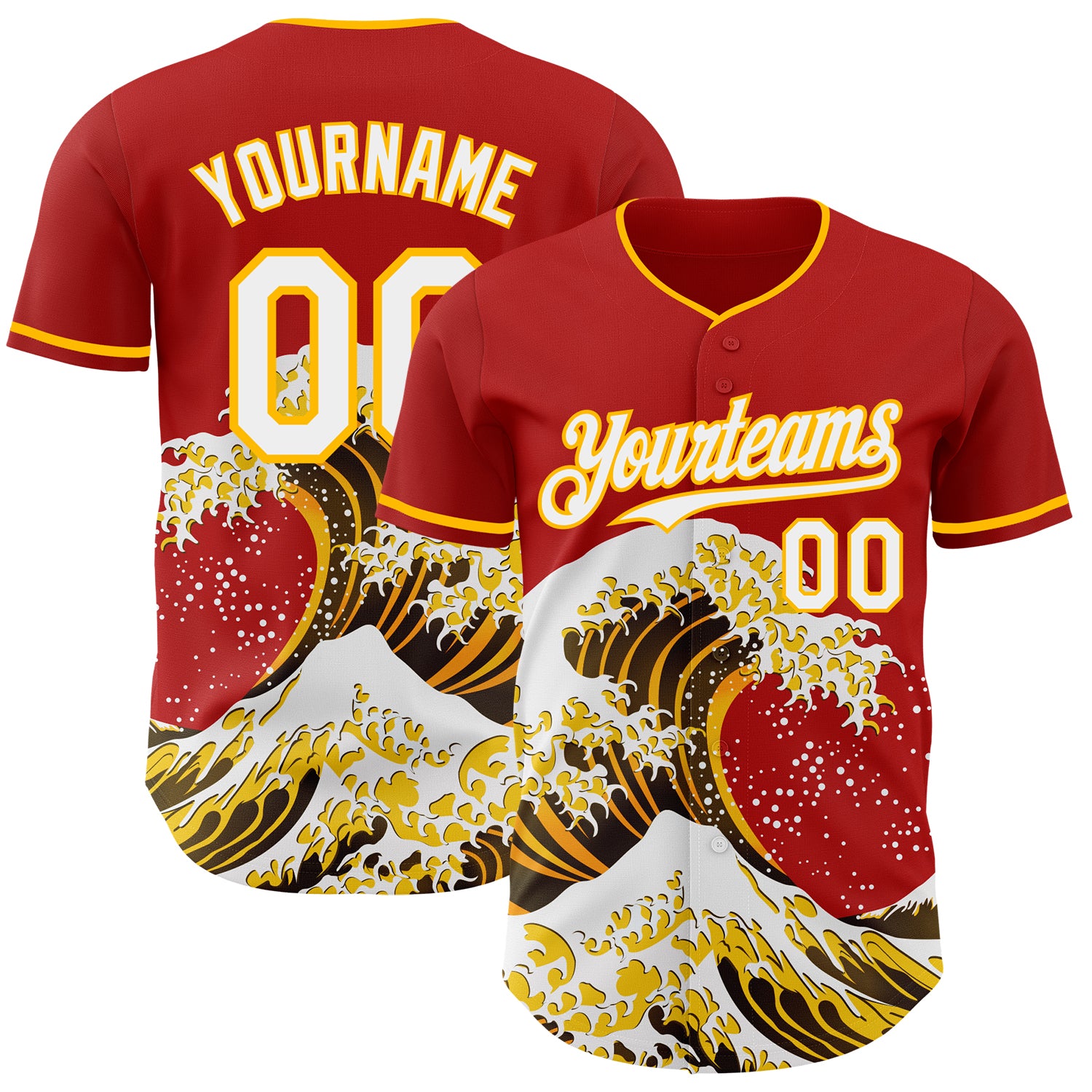 Custom Red White-Gold Japanese Wave 3D Pattern Design Authentic Baseball Jersey