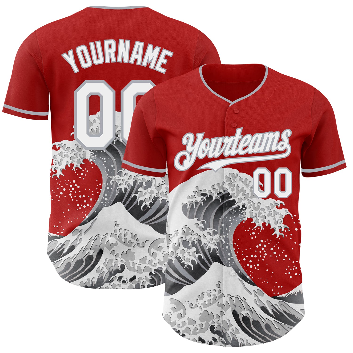 Custom Red White-Gray Japanese Wave 3D Pattern Design Authentic Baseball Jersey