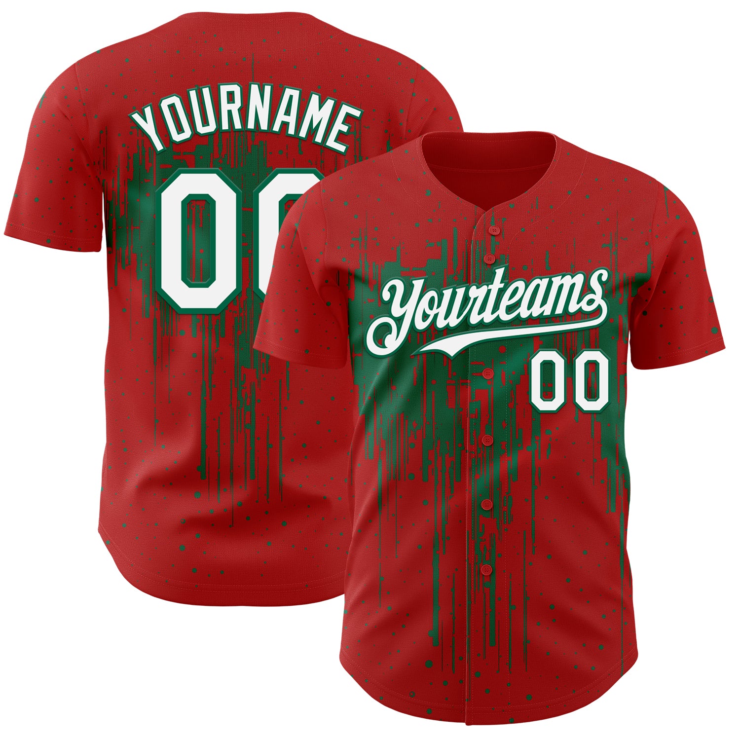 Custom Red White-Kelly Green 3D Pattern Design Dripping Splatter Paint Authentic Baseball Jersey
