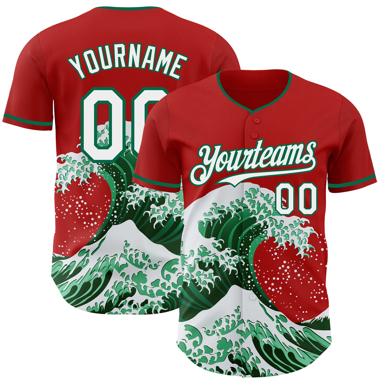Custom Red White-Kelly Green Japanese Wave 3D Pattern Design Authentic Baseball Jersey