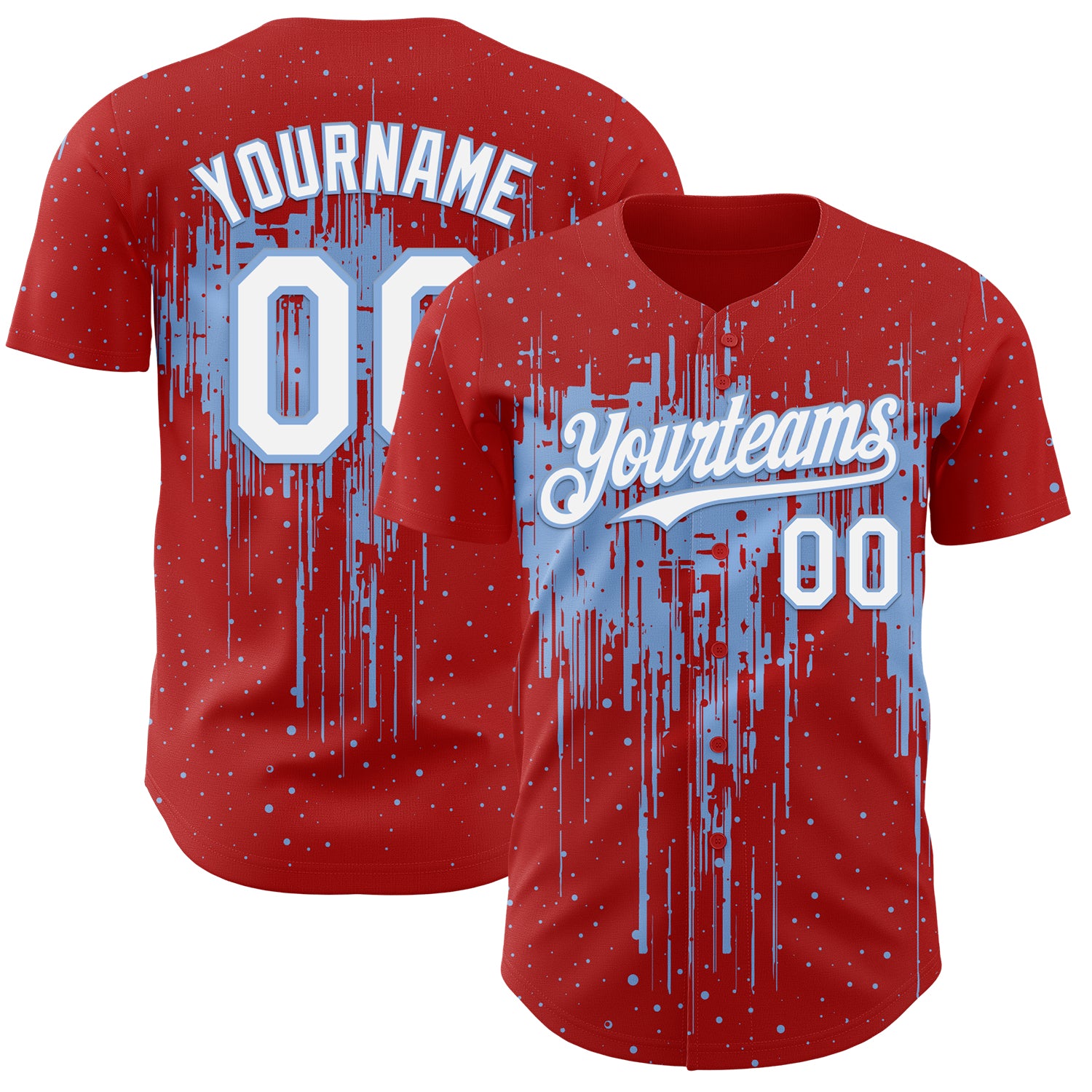Custom Red White-Light Blue 3D Pattern Design Dripping Splatter Paint Authentic Baseball Jersey
