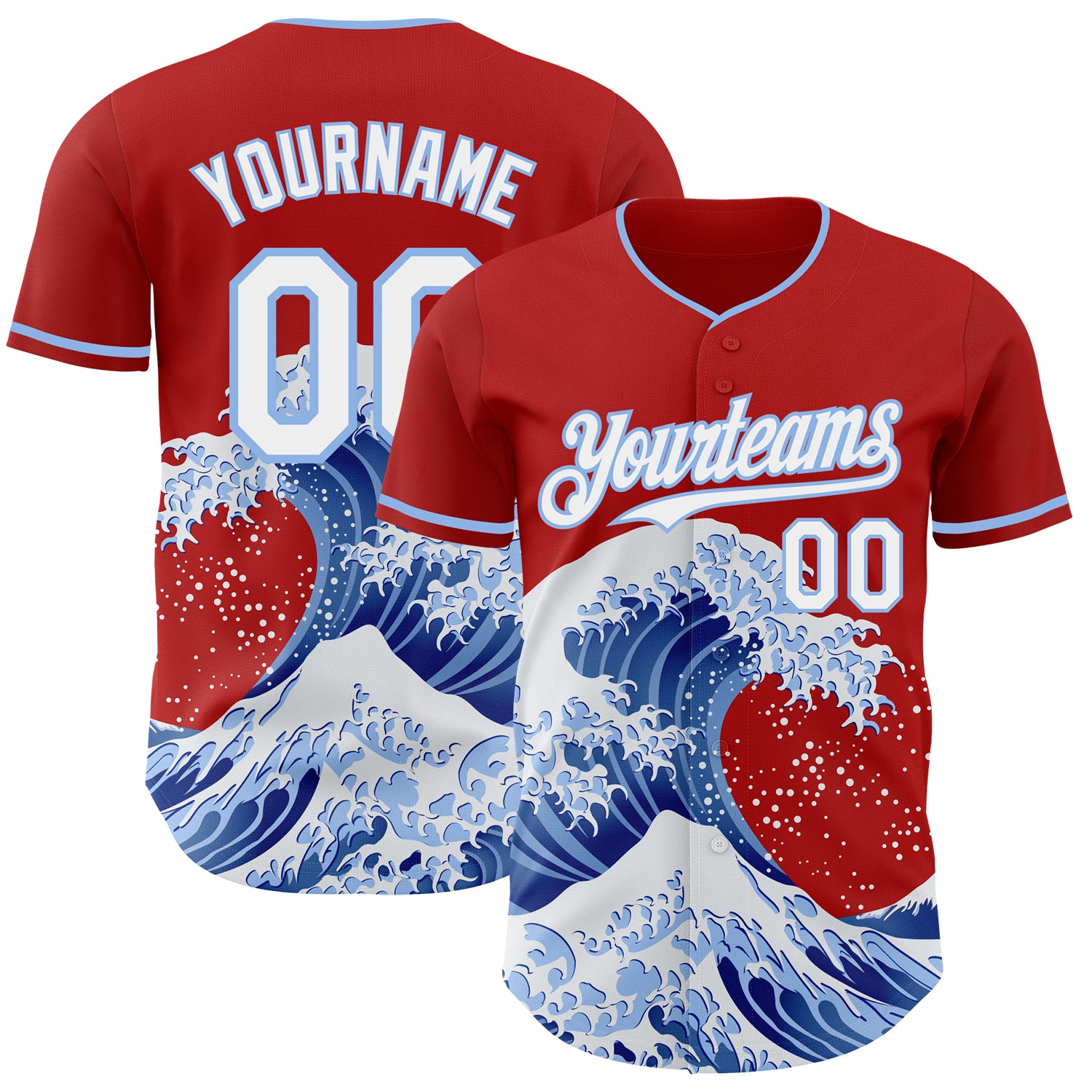 Custom Red White-Light Blue Japanese Wave 3D Pattern Design Authentic Baseball Jersey