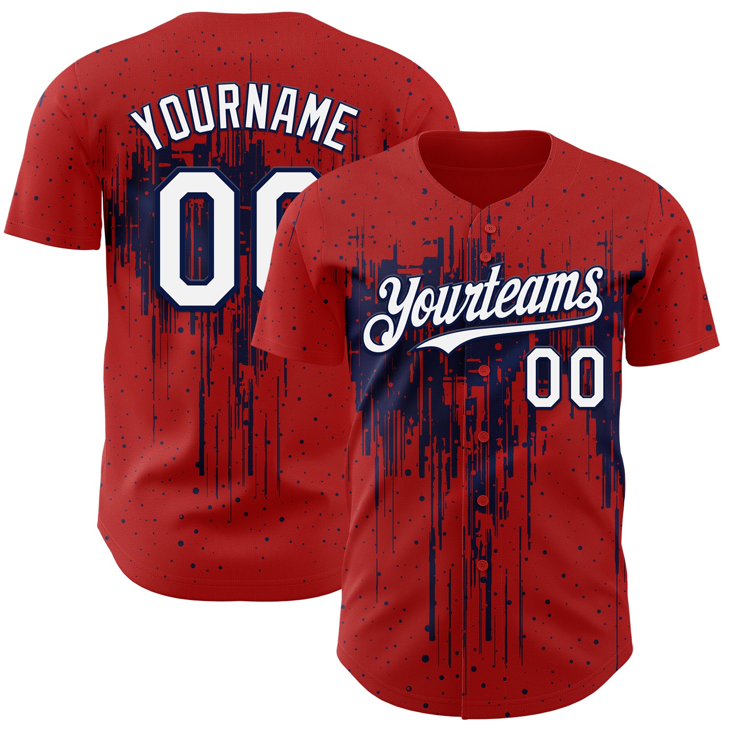 Custom Red White-Navy 3D Pattern Design Dripping Splatter Paint Authentic Baseball Jersey