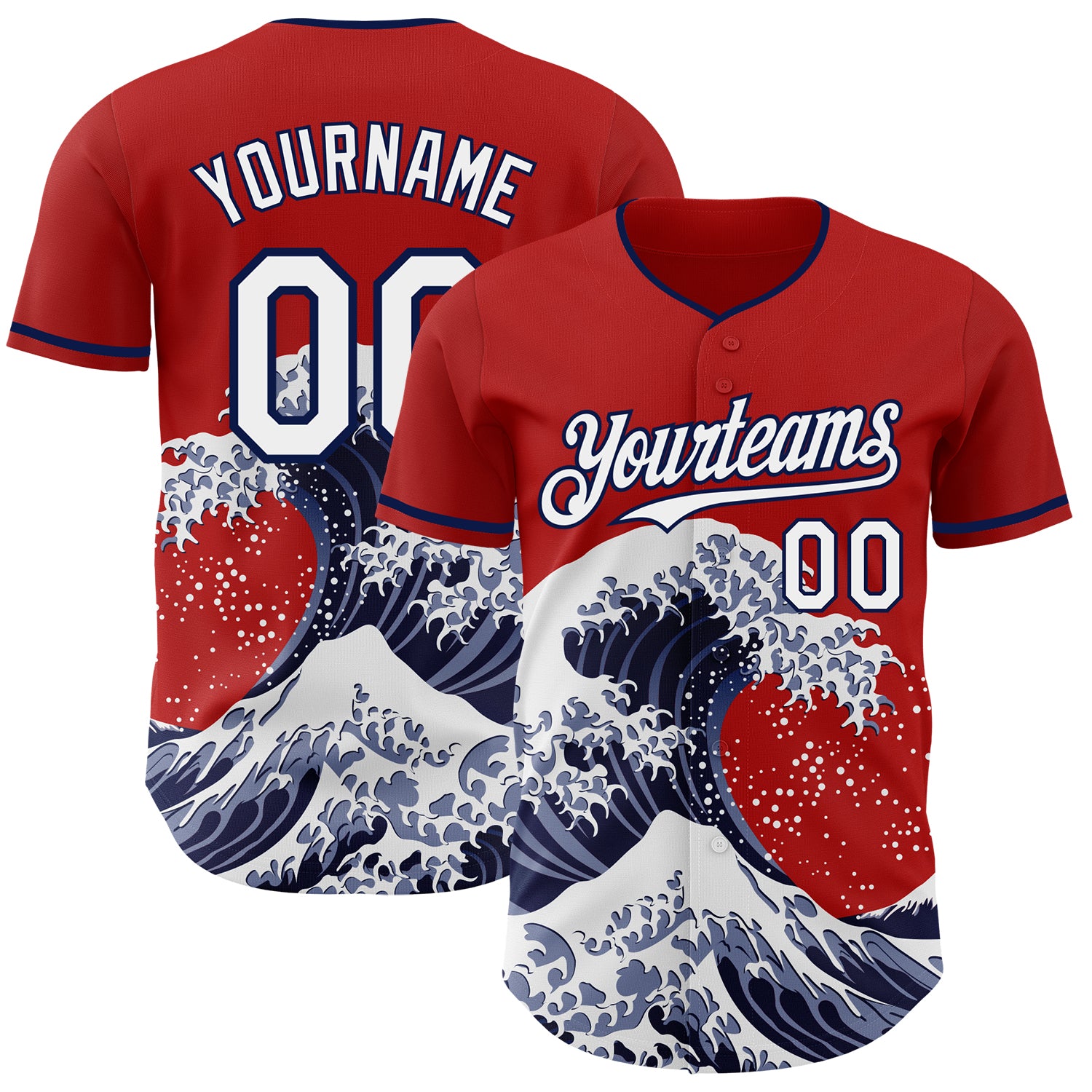 Custom Red White-Navy Japanese Wave 3D Pattern Design Authentic Baseball Jersey