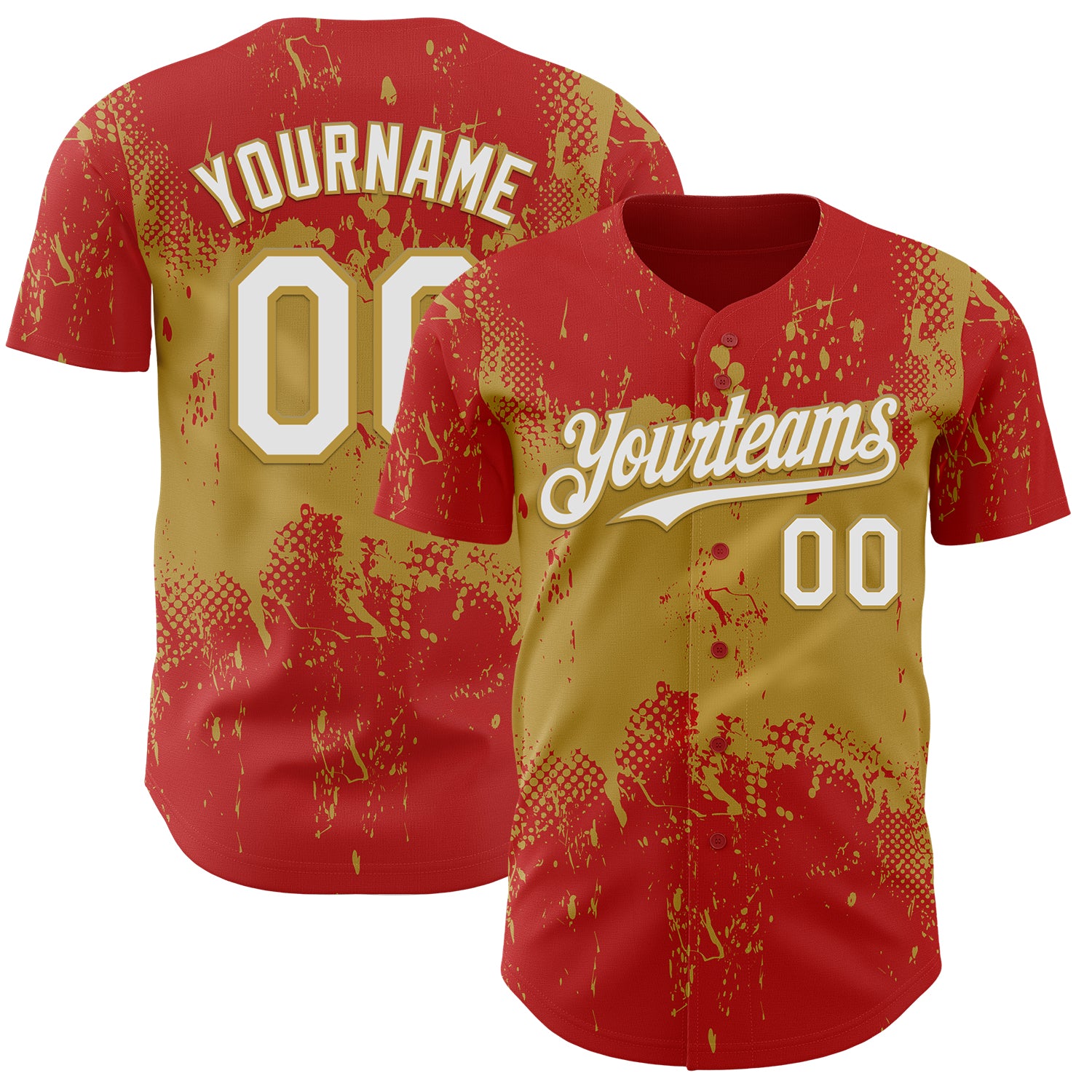 Custom Red White-Old Gold 3D Pattern Design Abstract Splatter Grunge Paint Authentic Baseball Jersey