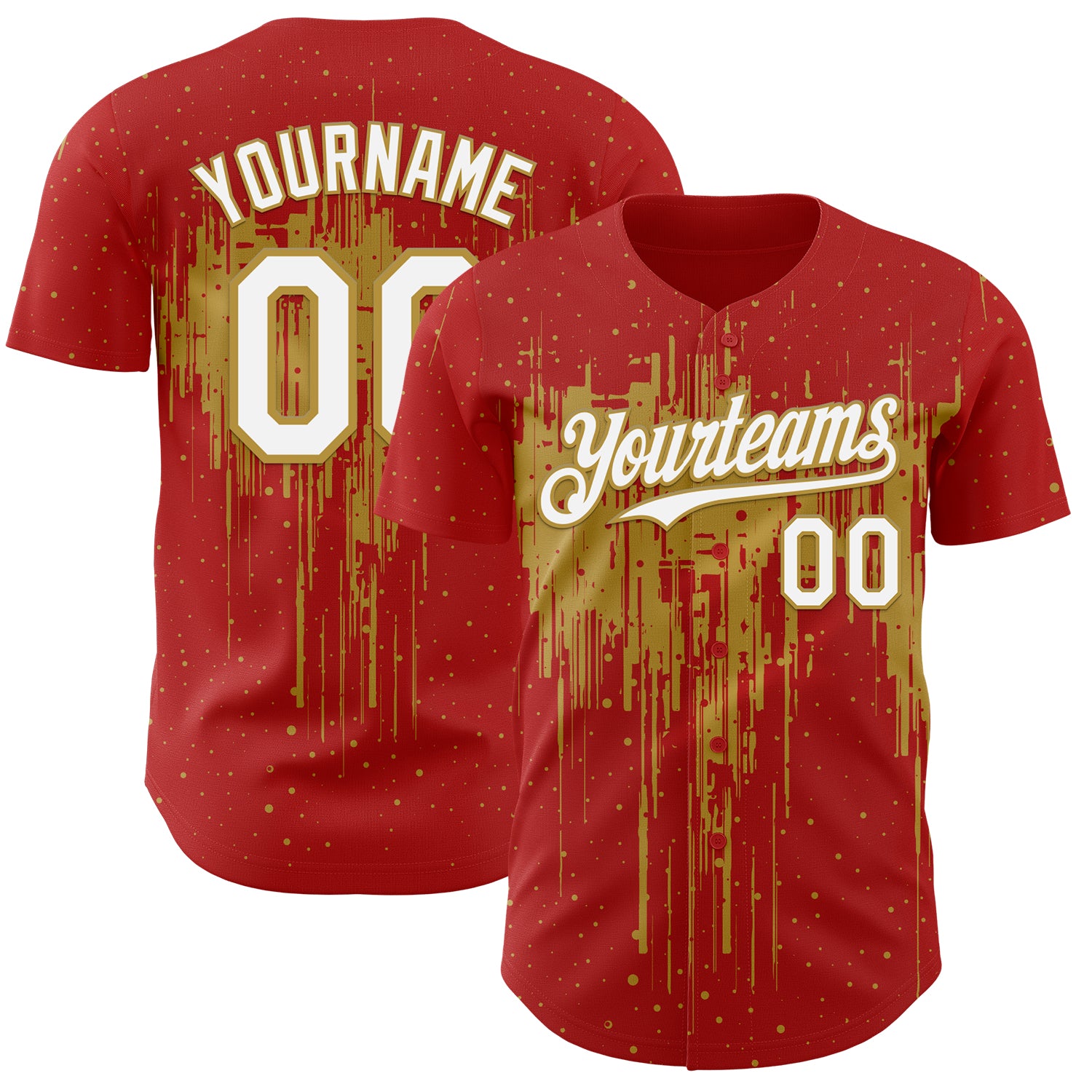 Custom Red White-Old Gold 3D Pattern Design Dripping Splatter Paint Authentic Baseball Jersey