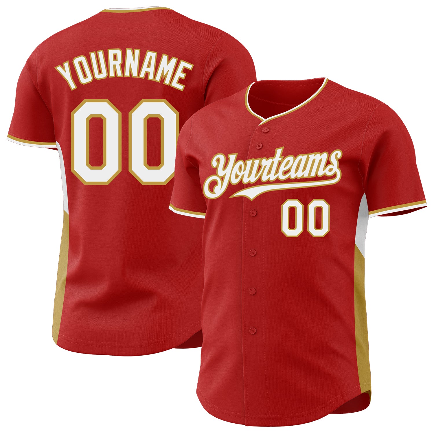 Custom Red White-Old Gold Classic Color Block Side Panel Stripe Authentic Baseball Jersey