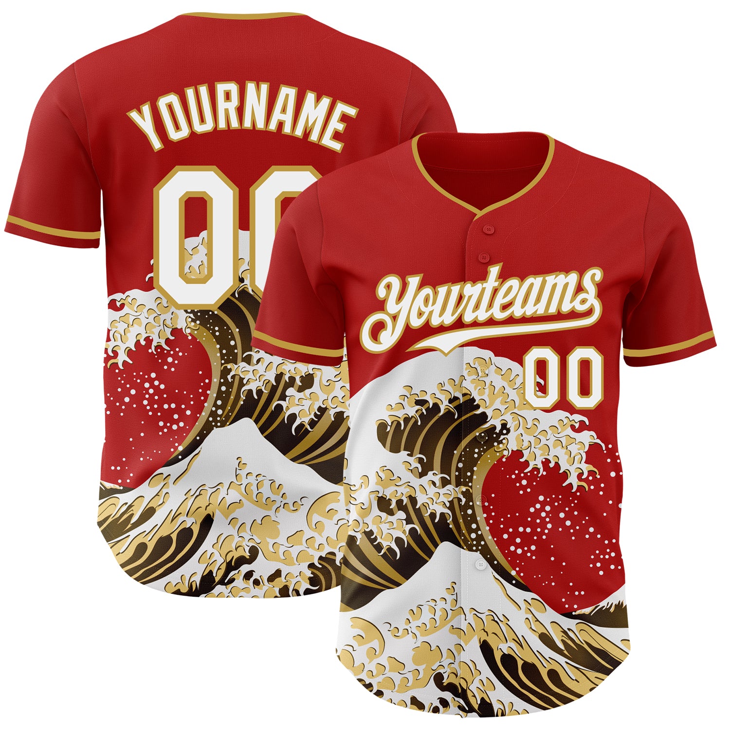 Custom Red White-Old Gold Japanese Wave 3D Pattern Design Authentic Baseball Jersey