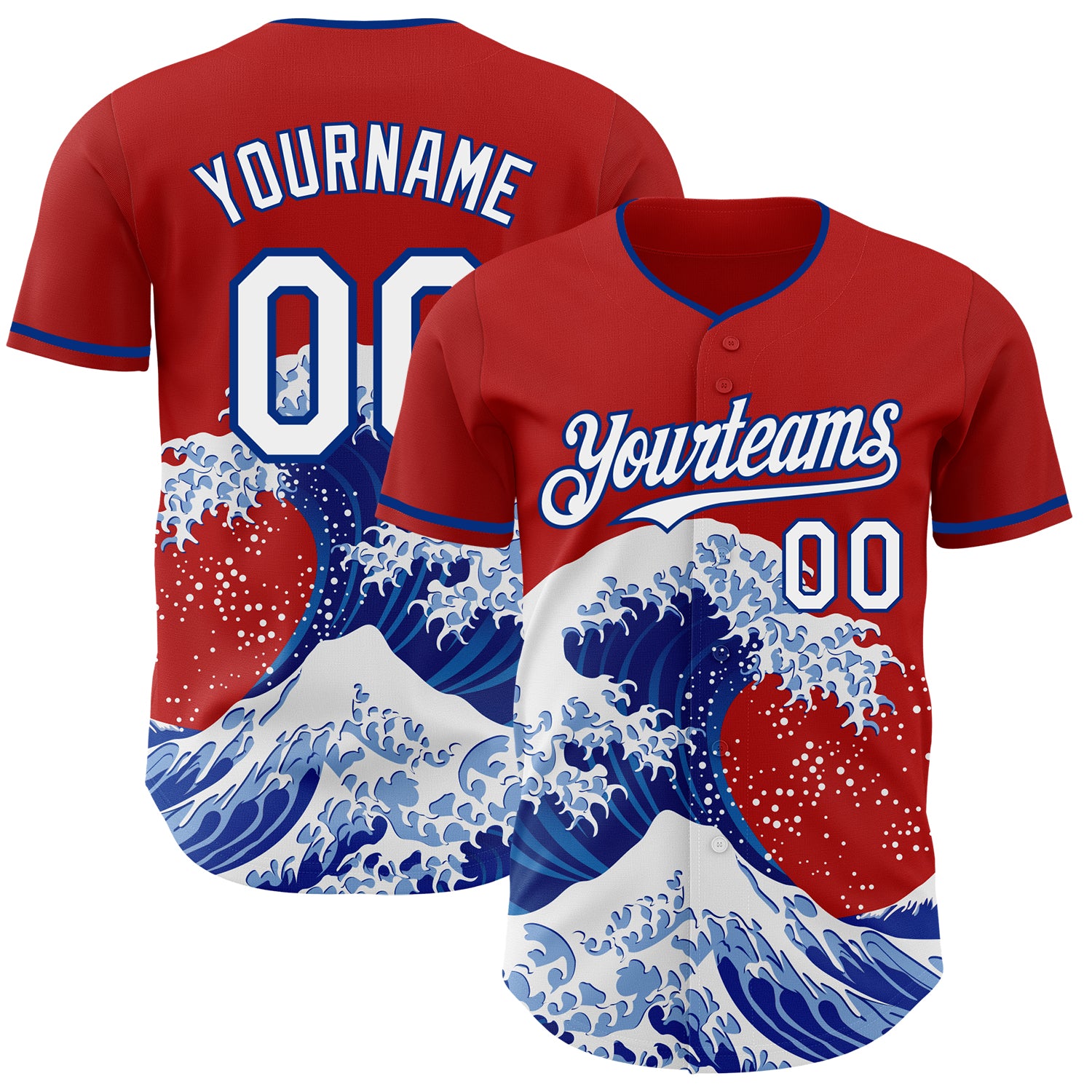 Custom Red White-Royal Japanese Wave 3D Pattern Design Authentic Baseball Jersey