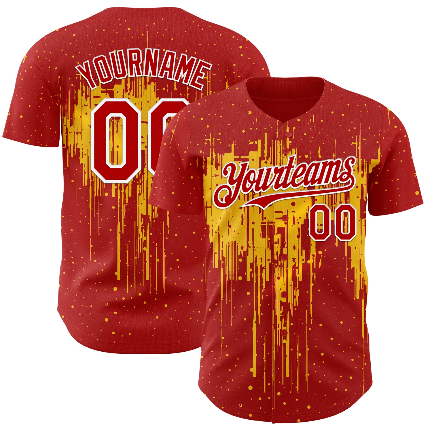 Custom Red White-Yellow 3D Pattern Design Dripping Splatter Paint Authentic Baseball Jersey