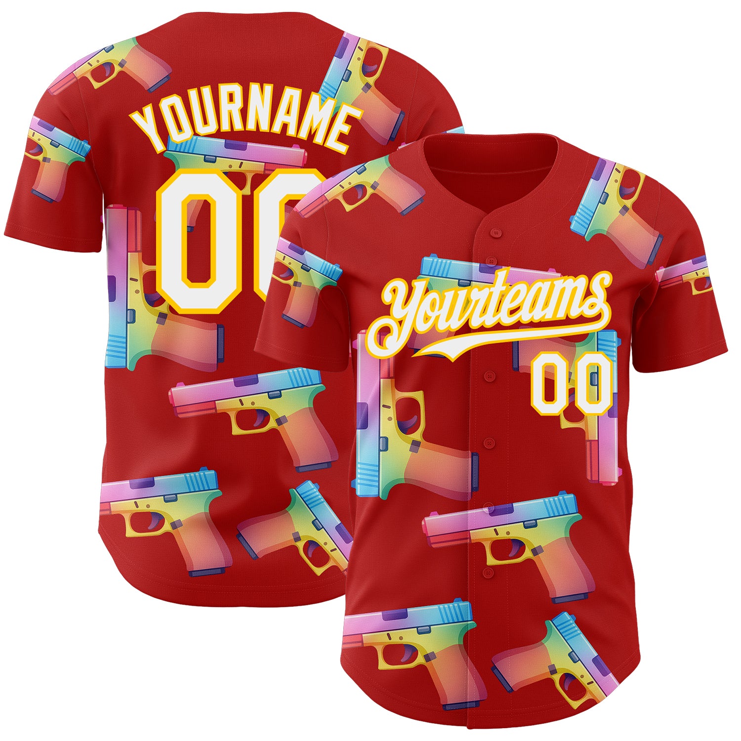 Custom Red White-Yellow Colorful Firepower 3D Pattern Design Authentic Baseball Jersey