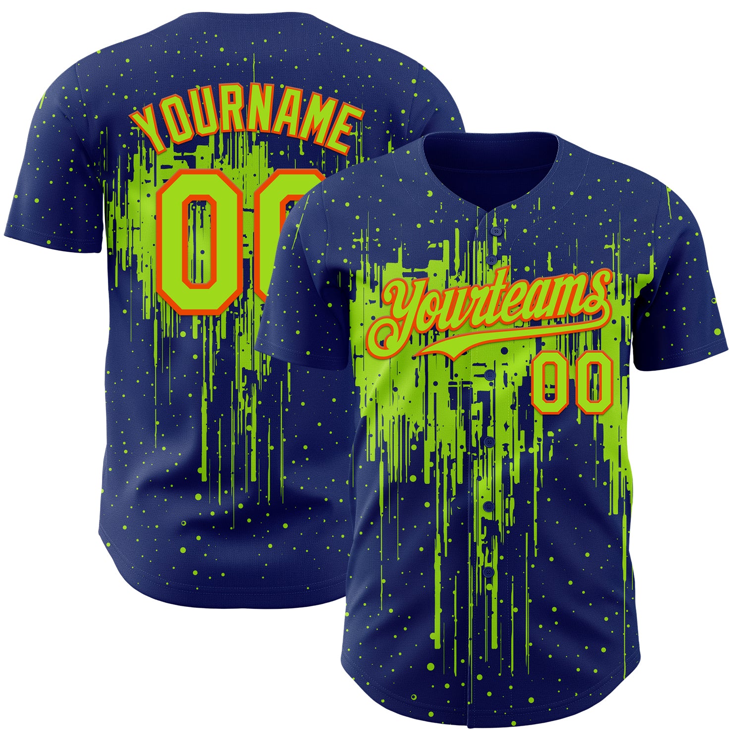 Custom Royal Neon Green-Orange 3D Pattern Design Dripping Splatter Paint Authentic Baseball Jersey
