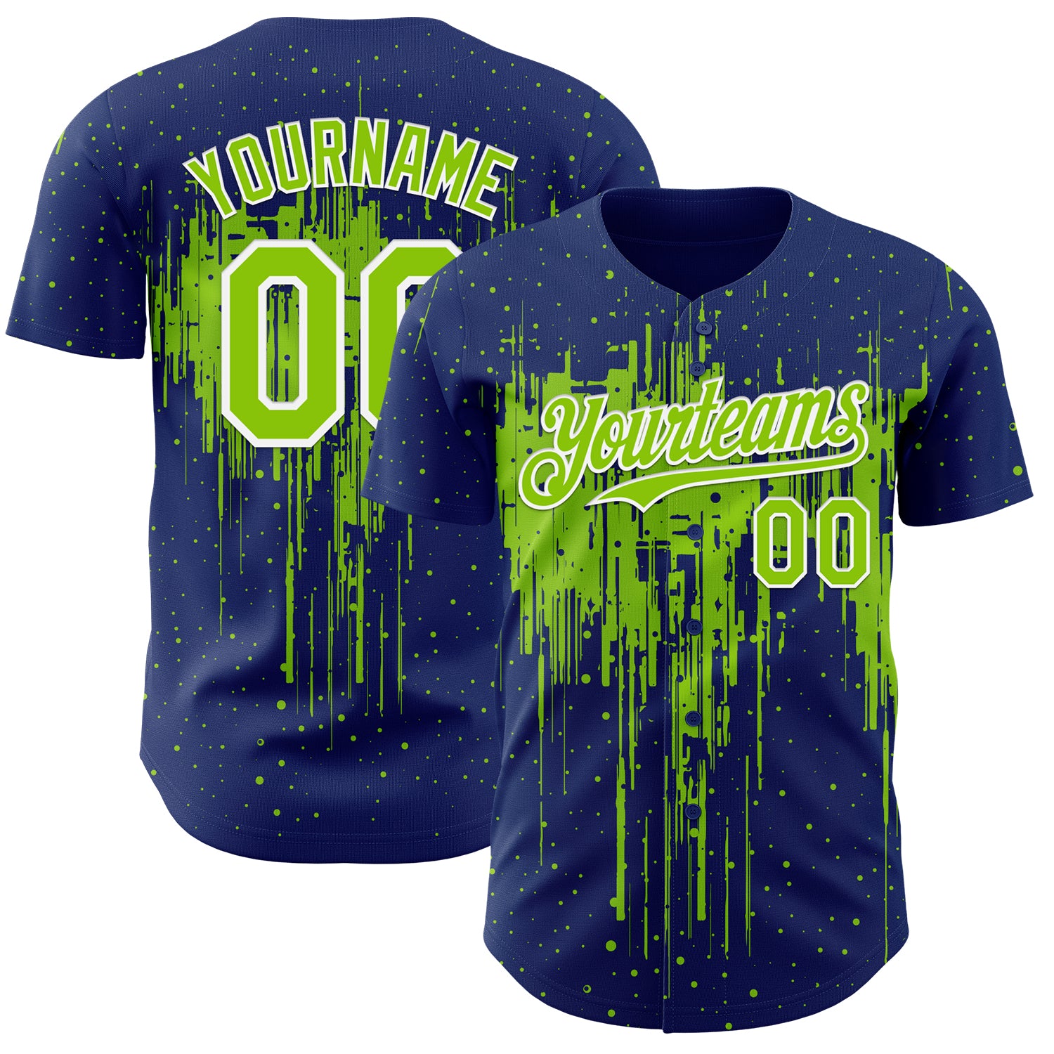 Custom Royal Neon Green-White 3D Pattern Design Dripping Splatter Paint Authentic Baseball Jersey