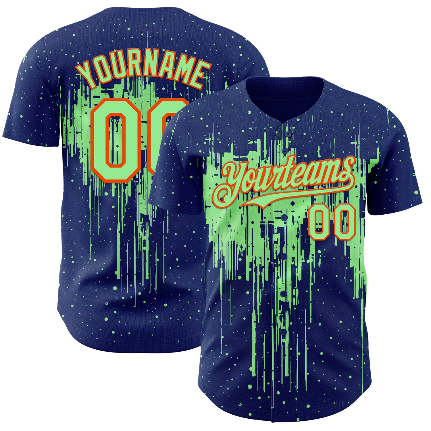 Custom Royal Pea Green-Orange 3D Pattern Design Dripping Splatter Paint Authentic Baseball Jersey