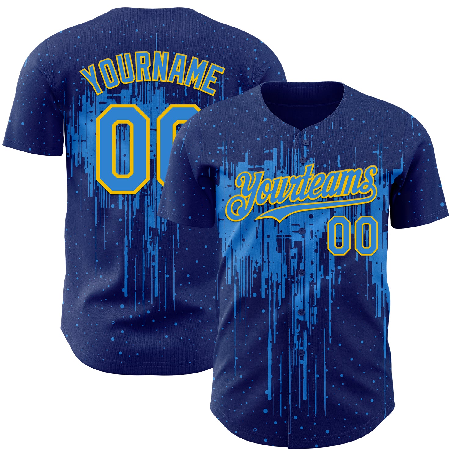 Custom Royal Powder Blue-Yellow 3D Pattern Design Dripping Splatter Paint Authentic Baseball Jersey