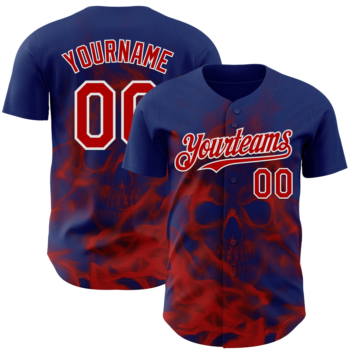 Custom Royal Red-White Flames Skull Smoke Authentic Baseball Jersey