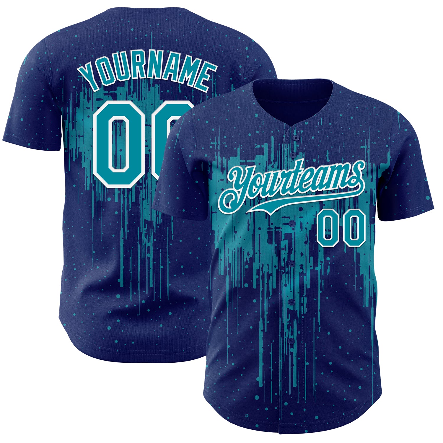 Custom Royal Teal-White 3D Pattern Design Dripping Splatter Paint Authentic Baseball Jersey