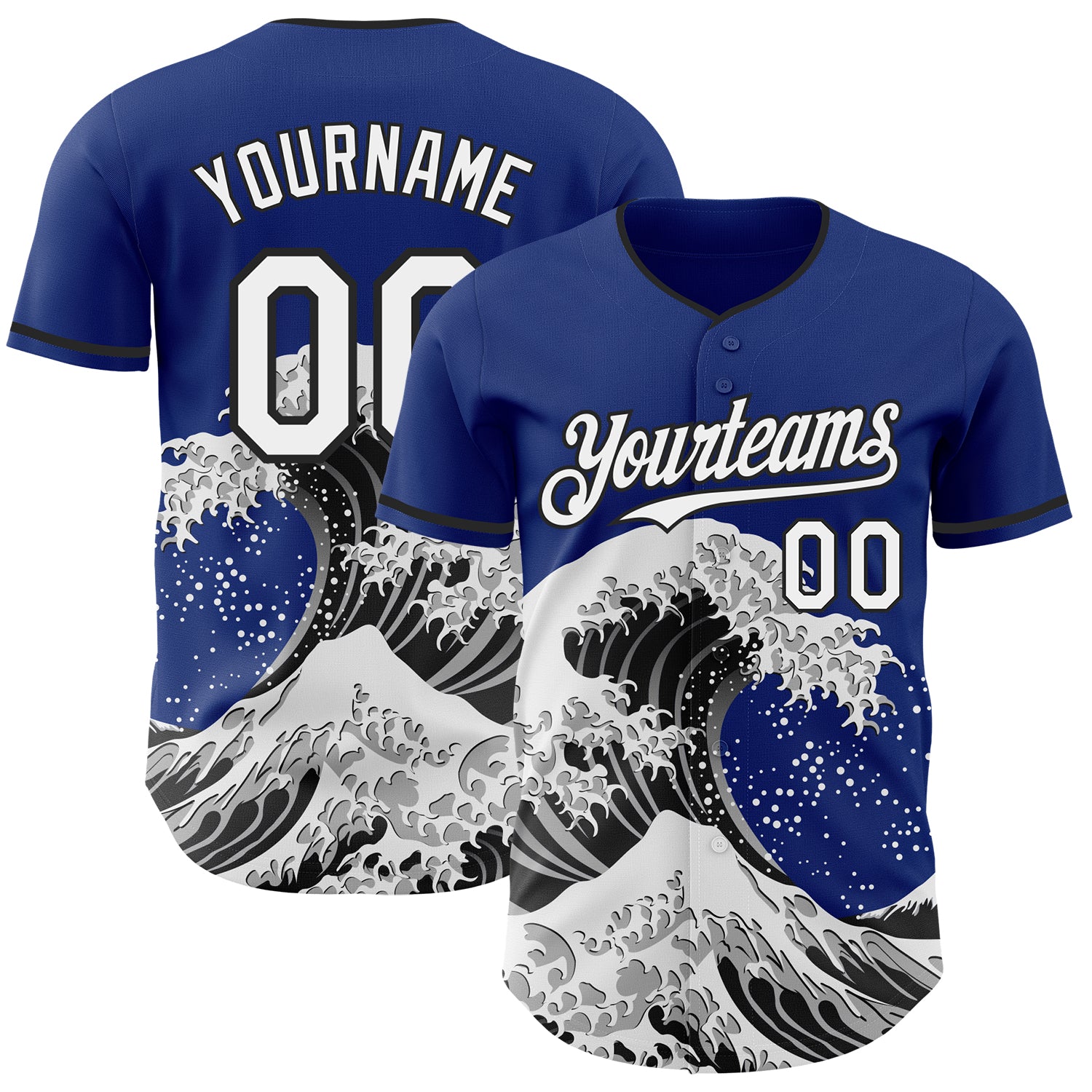 Custom Royal White-Black Japanese Wave 3D Pattern Design Authentic Baseball Jersey