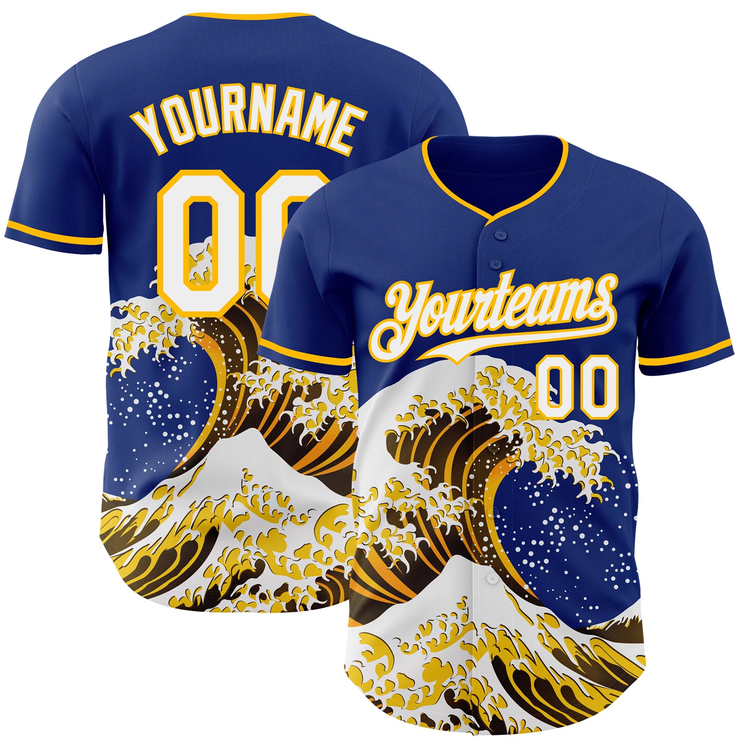 Custom Royal White-Gold Japanese Wave 3D Pattern Design Authentic Baseball Jersey