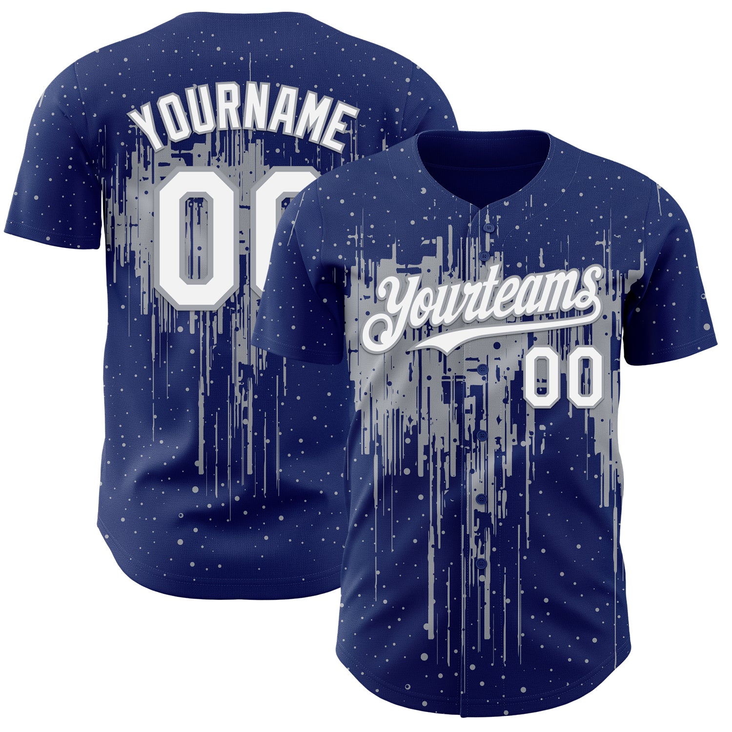 Custom Royal White-Gray 3D Pattern Design Dripping Splatter Paint Authentic Baseball Jersey