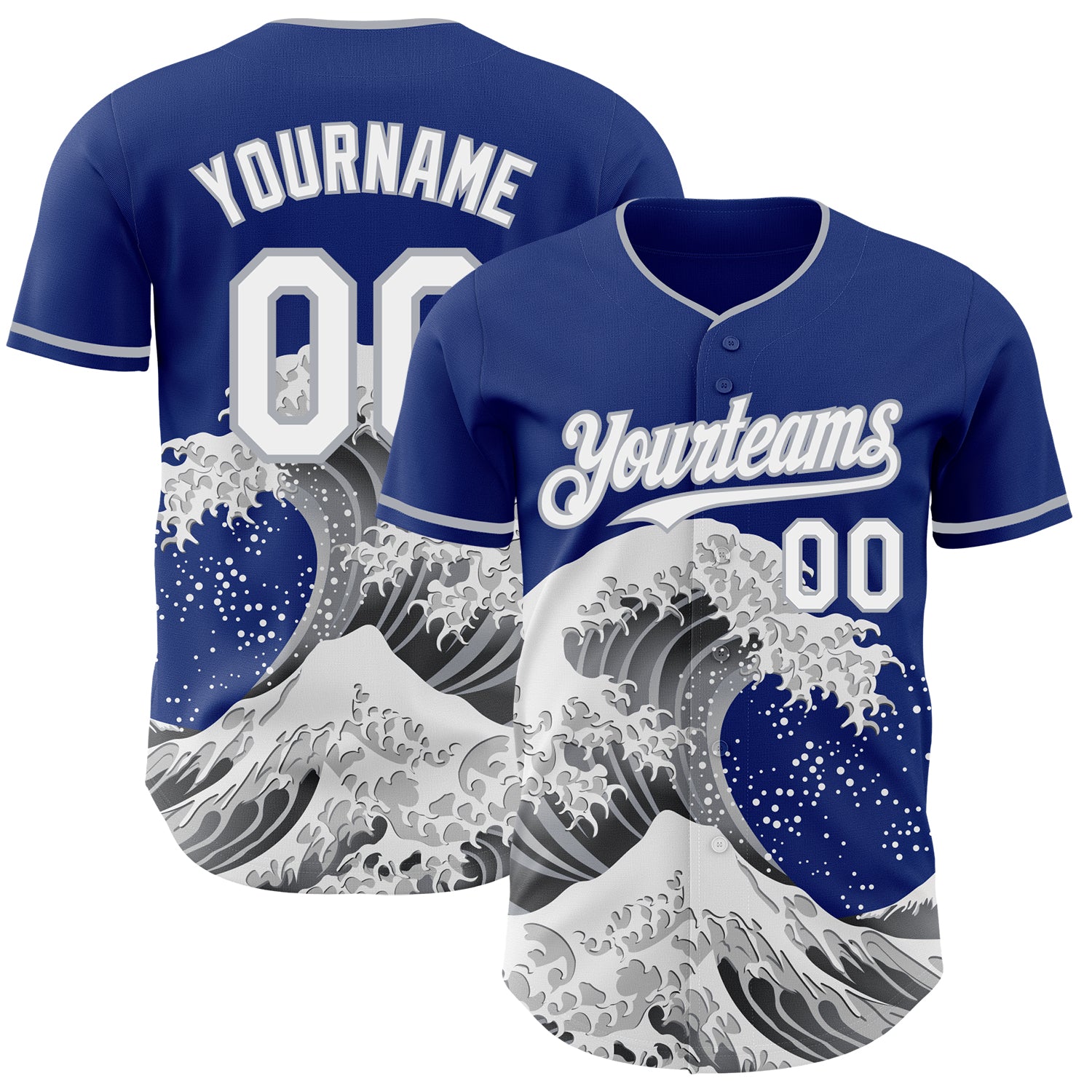 Custom Royal White-Gray Japanese Wave 3D Pattern Design Authentic Baseball Jersey