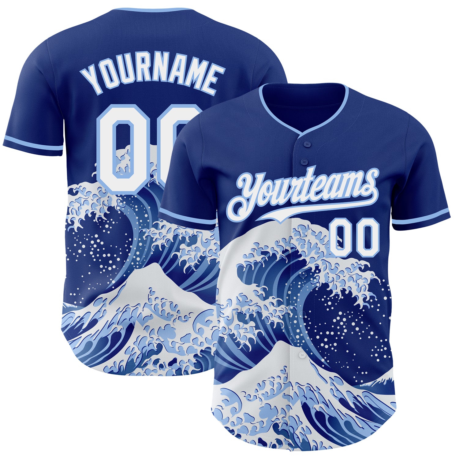 Custom Royal White-Light Blue Japanese Wave 3D Pattern Design Authentic Baseball Jersey