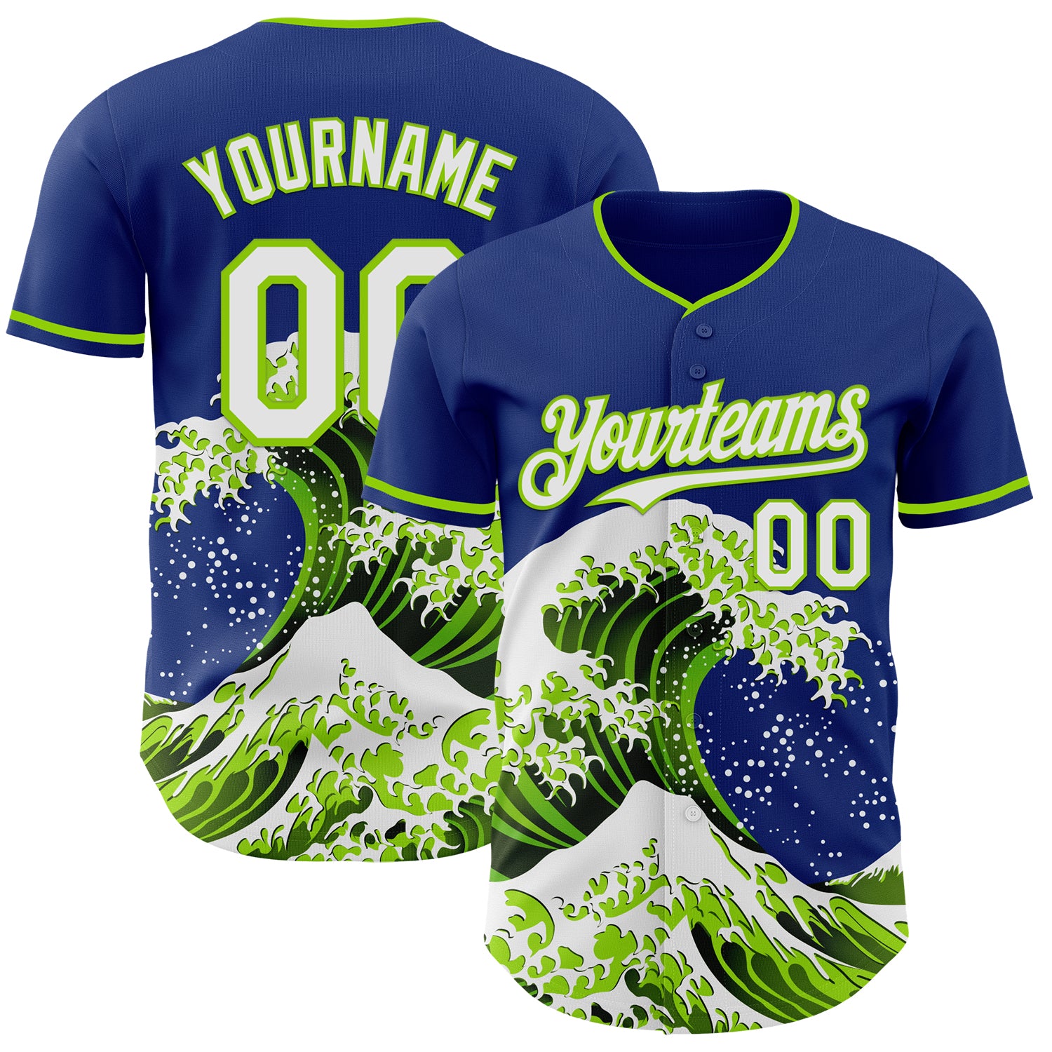 Custom Royal White-Neon Green Japanese Wave 3D Pattern Design Authentic Baseball Jersey