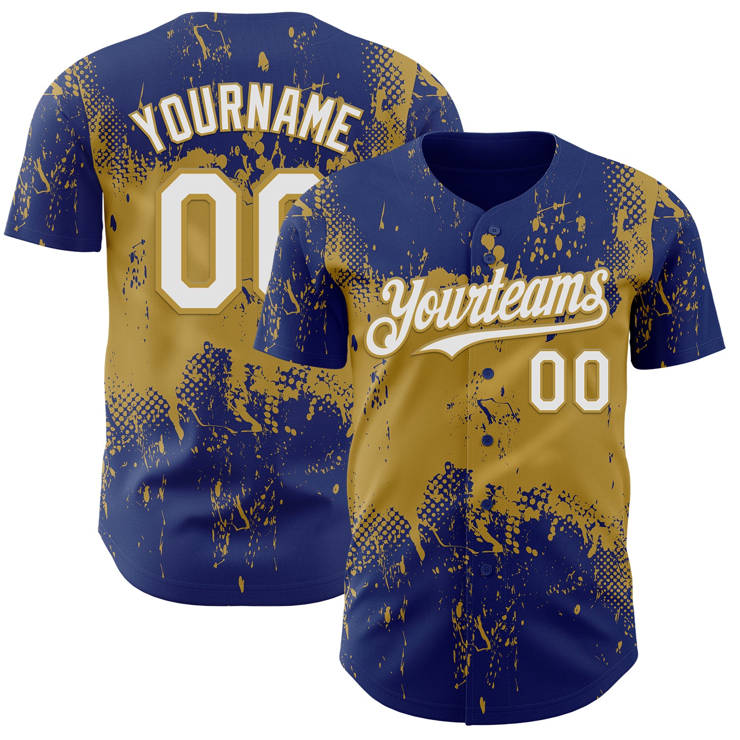 Custom Royal White-Old Gold 3D Pattern Design Abstract Splatter Grunge Paint Authentic Baseball Jersey