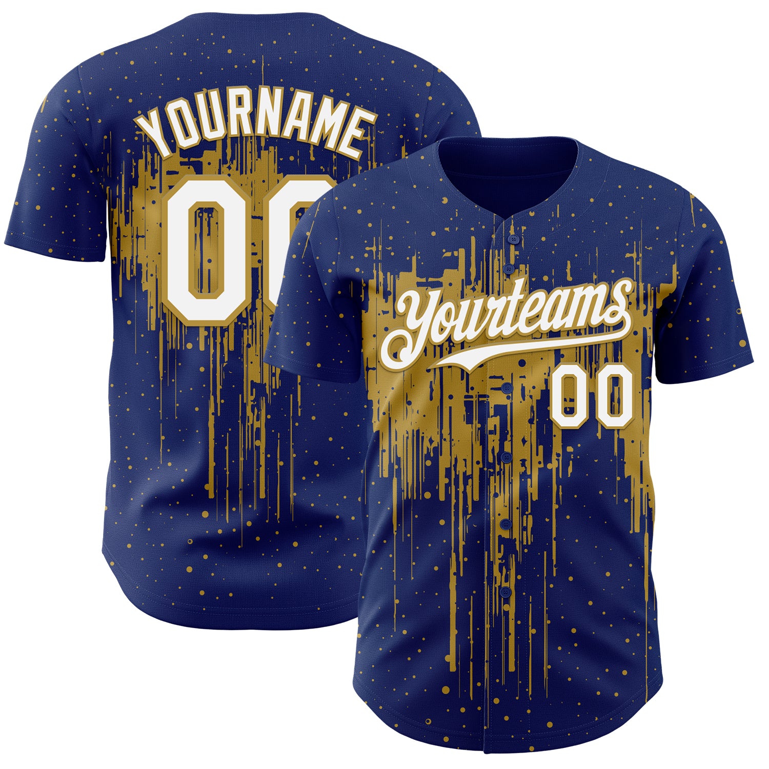 Custom Royal White-Old Gold 3D Pattern Design Dripping Splatter Paint Authentic Baseball Jersey