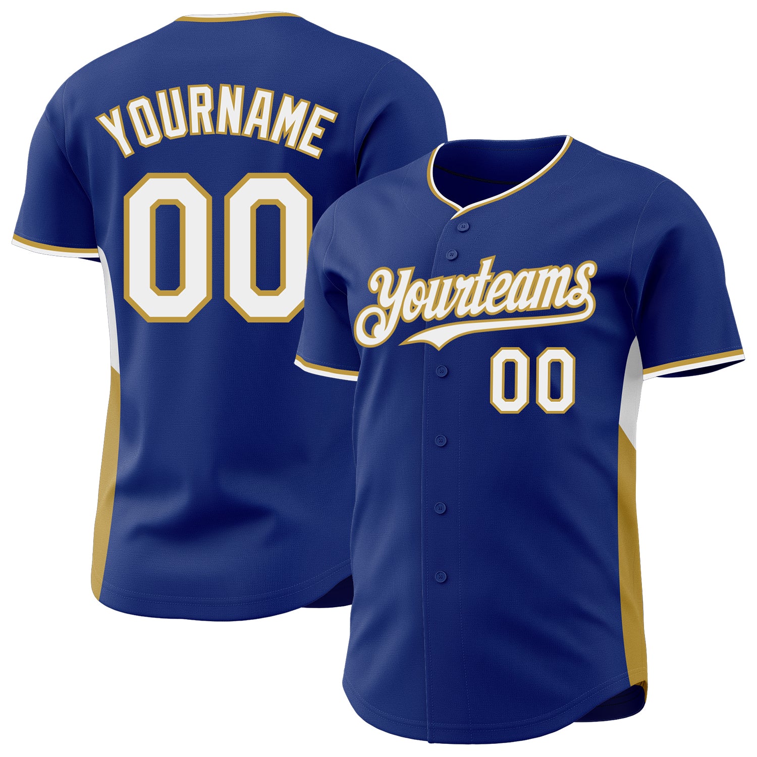 Custom Royal White-Old Gold Classic Color Block Side Panel Stripe Authentic Baseball Jersey