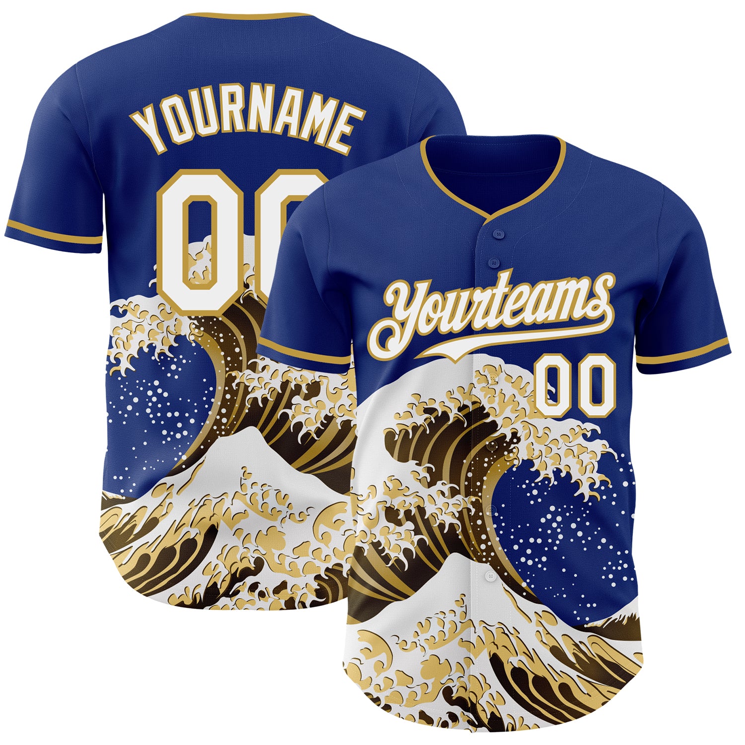 Custom Royal White-Old Gold Japanese Wave 3D Pattern Design Authentic Baseball Jersey