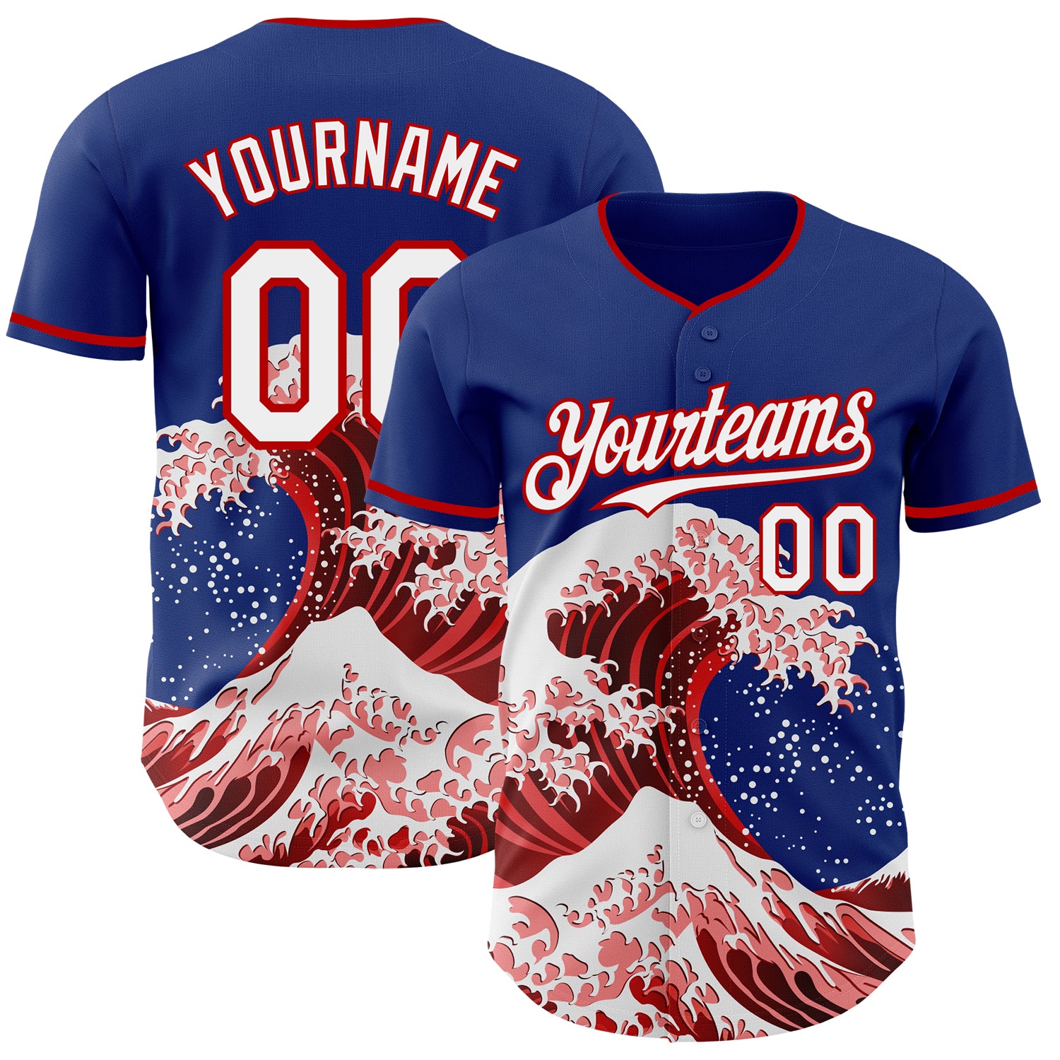 Custom Royal White-Red Japanese Wave 3D Pattern Design Authentic Baseball Jersey