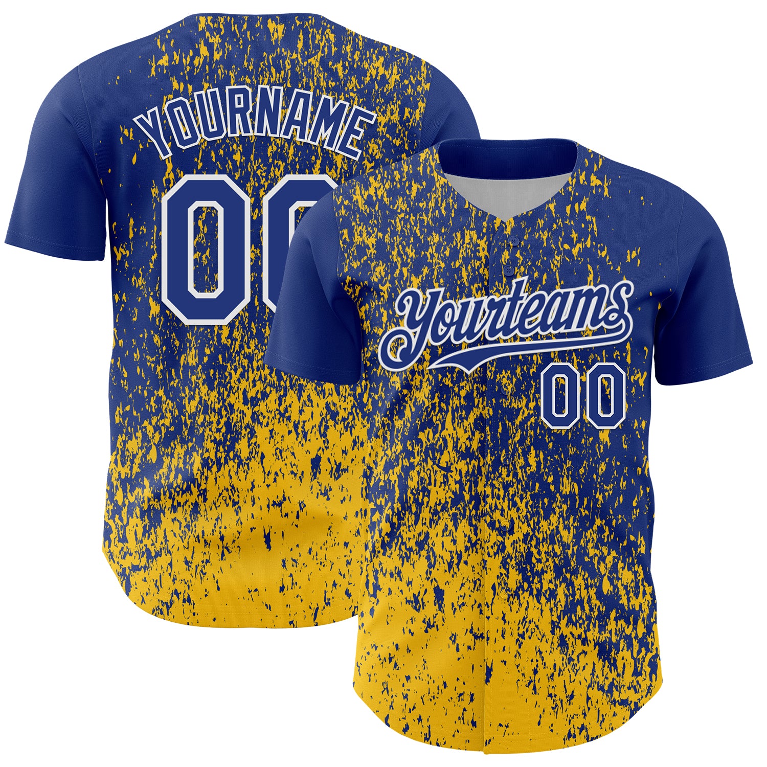 Custom Royal Yellow-White 3D Pattern Design Abstract Fragment Splatter Authentic Baseball Jersey