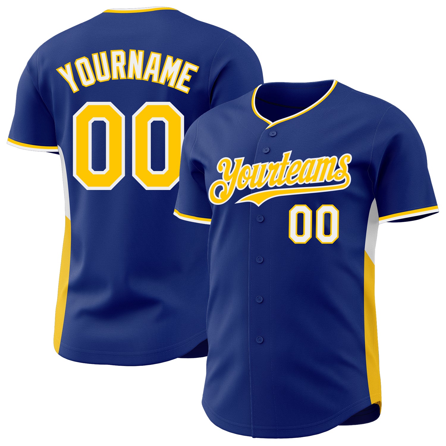 Custom Royal Yellow-White Classic Color Block Side Panel Stripe Authentic Baseball Jersey