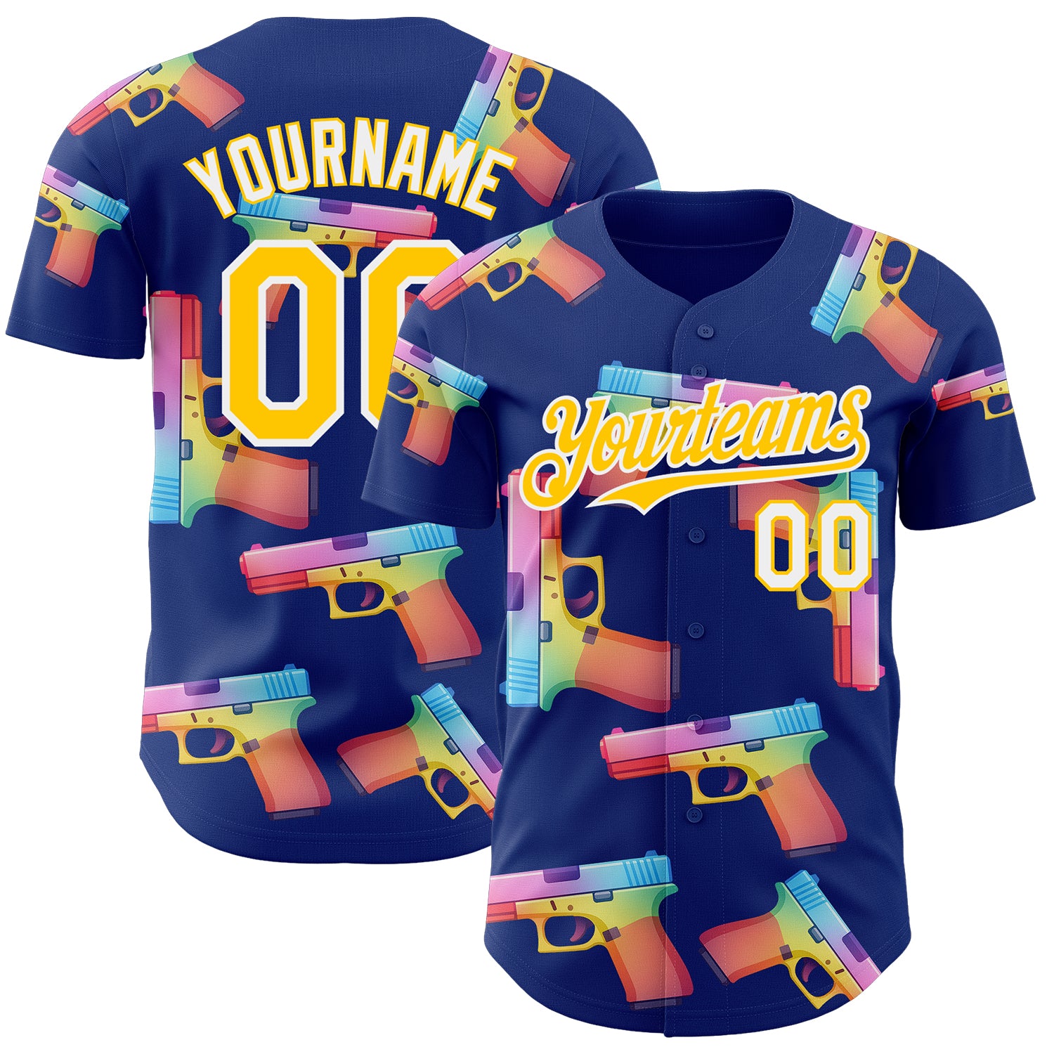 Custom Royal Yellow-White Colorful Firepower 3D Pattern Design Authentic Baseball Jersey