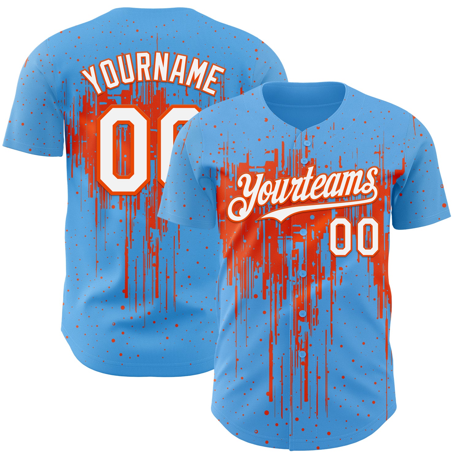 Custom Sky Blue White-Orange 3D Pattern Design Dripping Splatter Paint Authentic Baseball Jersey