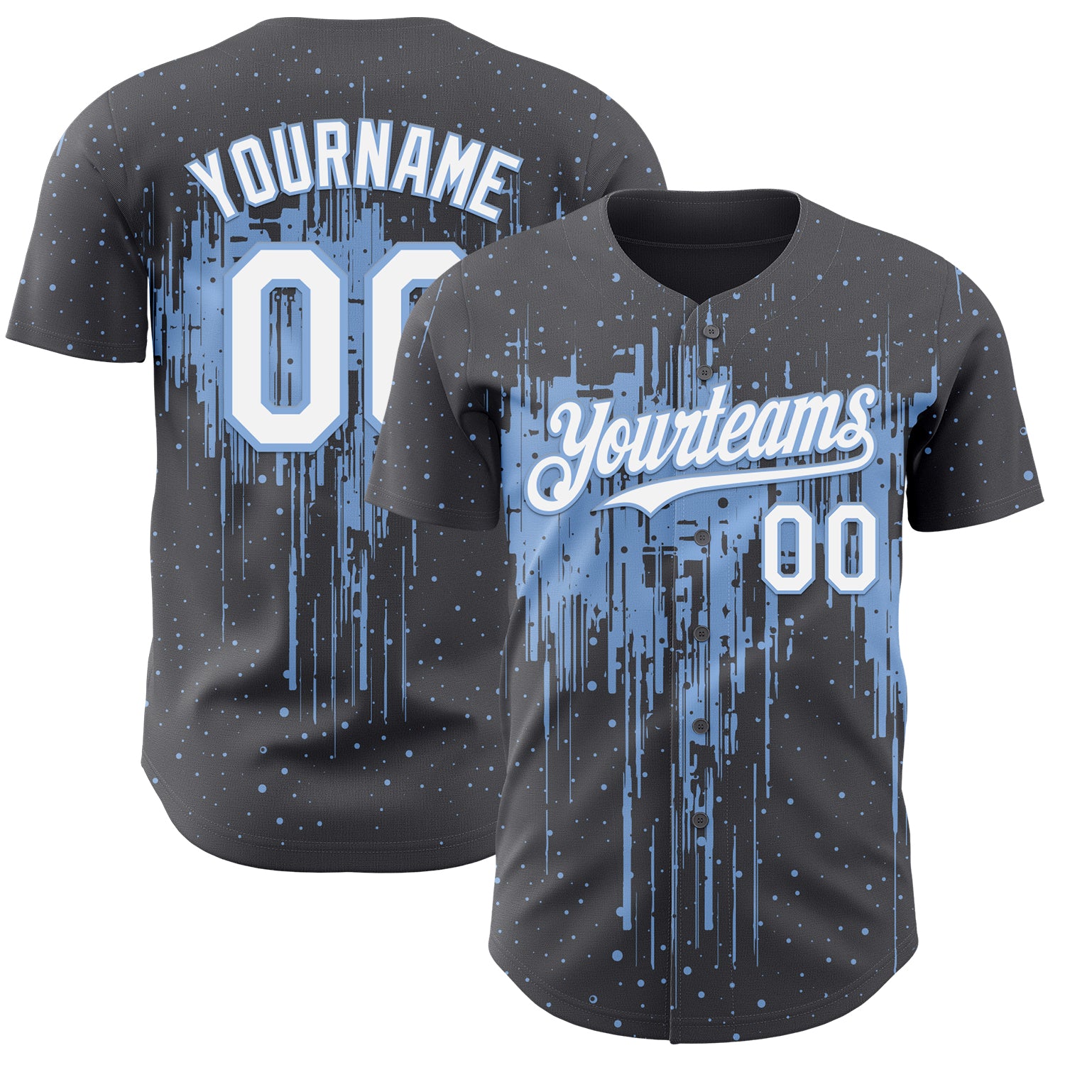 Custom Steel Gray White-Light Blue 3D Pattern Design Dripping Splatter Paint Authentic Baseball Jersey