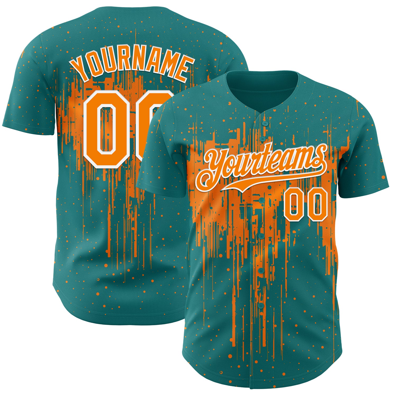 Custom Teal Bay Orange-White 3D Pattern Design Dripping Splatter Paint Authentic Baseball Jersey