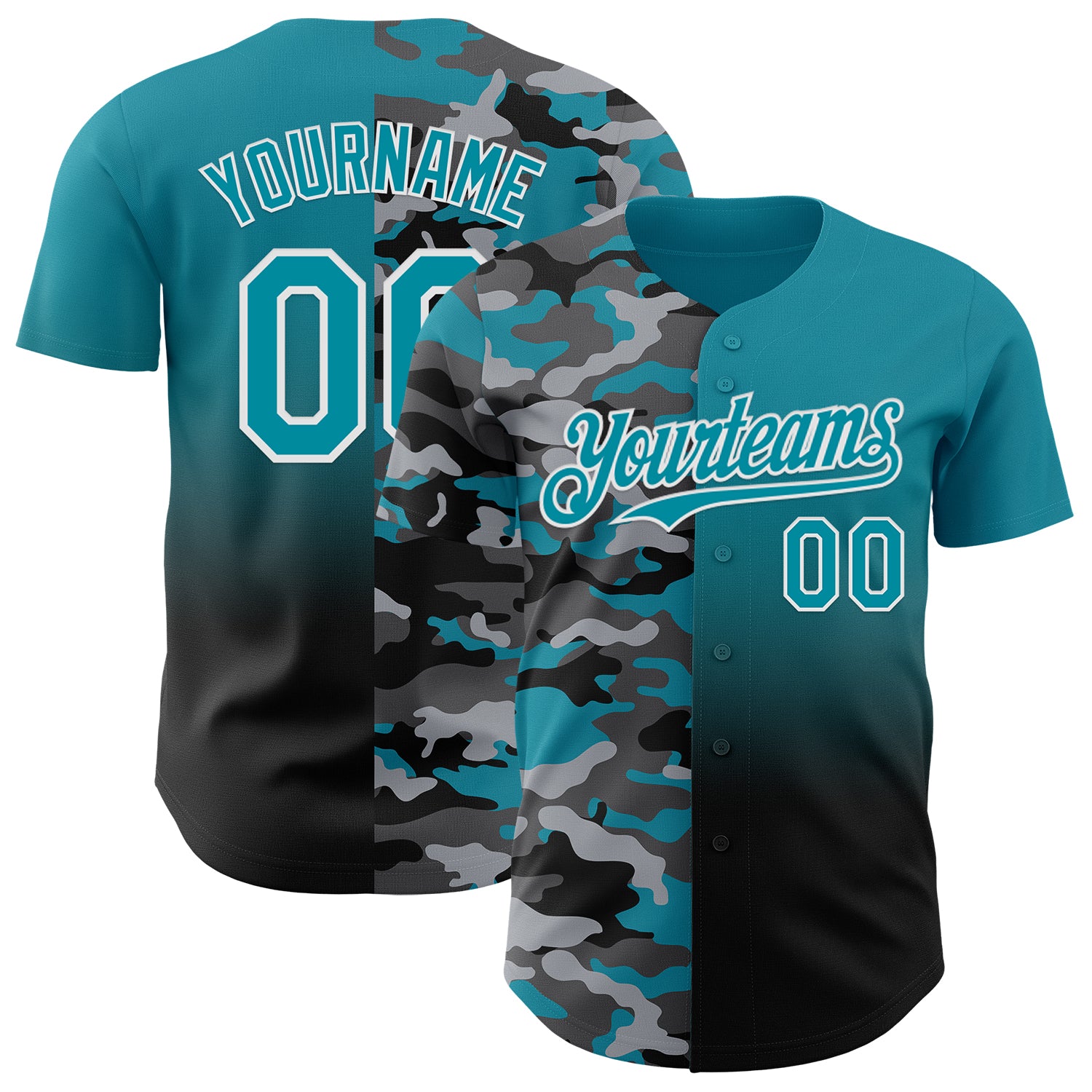 Custom Teal Black-White Half Camo Ombre Authentic Baseball Jersey