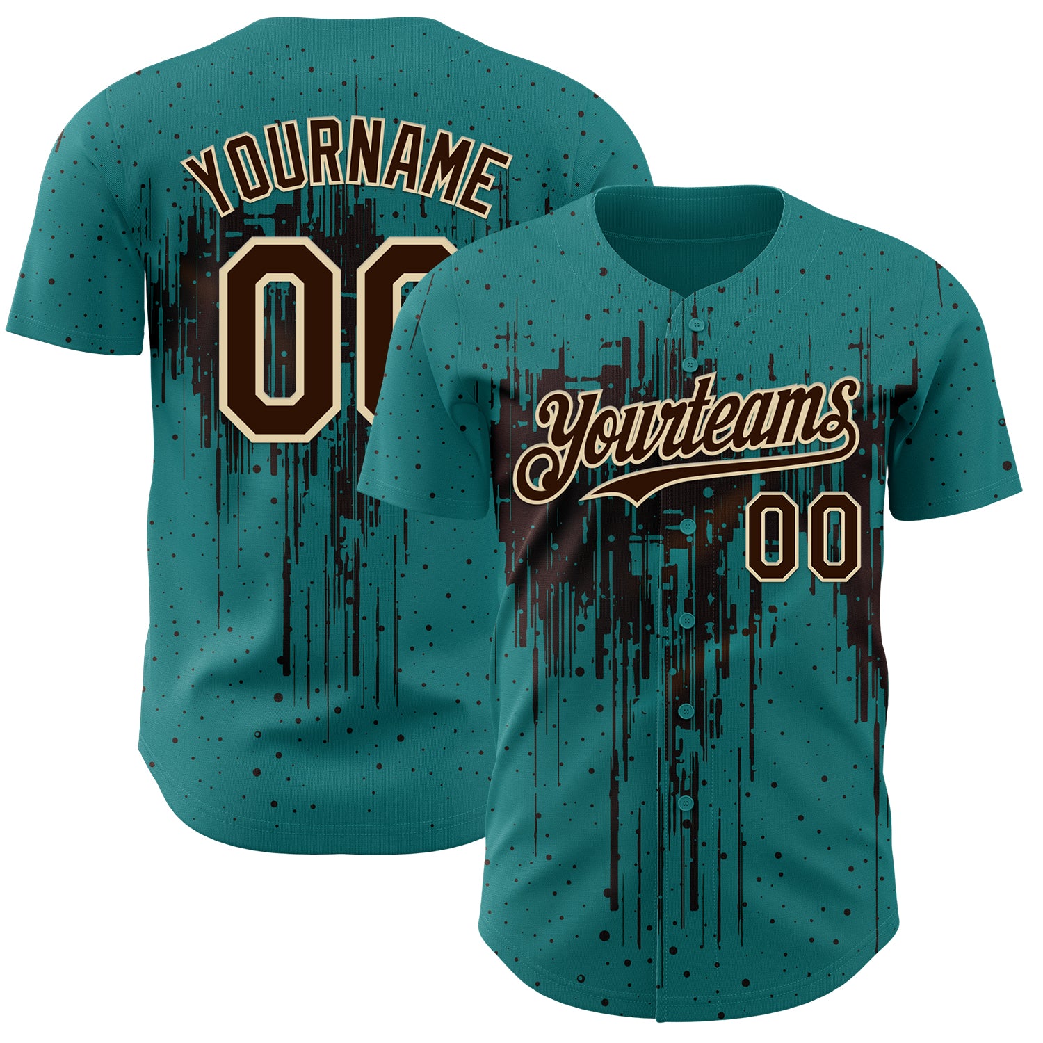 Custom Teal Brown-Cream 3D Pattern Design Dripping Splatter Paint Authentic Baseball Jersey