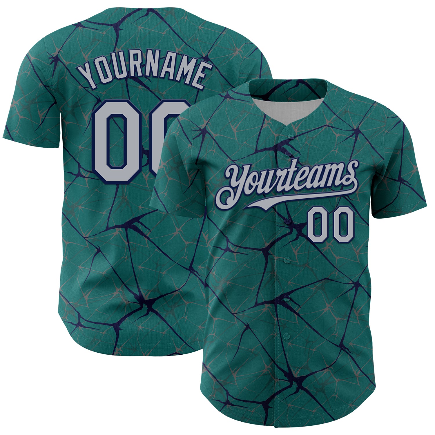 Custom Teal Gray-Navy 3D Pattern Design Abstract Network Authentic Baseball Jersey