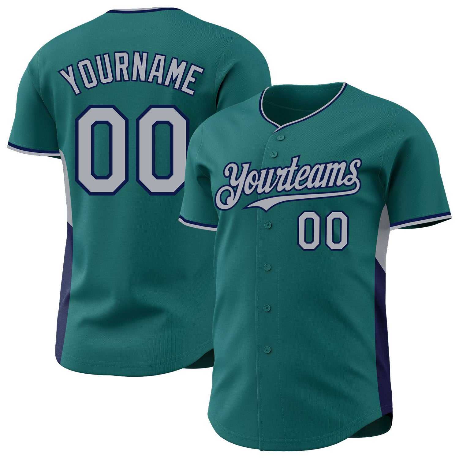 Custom Teal Gray-Navy Classic Color Block Side Panel Stripe Authentic Baseball Jersey