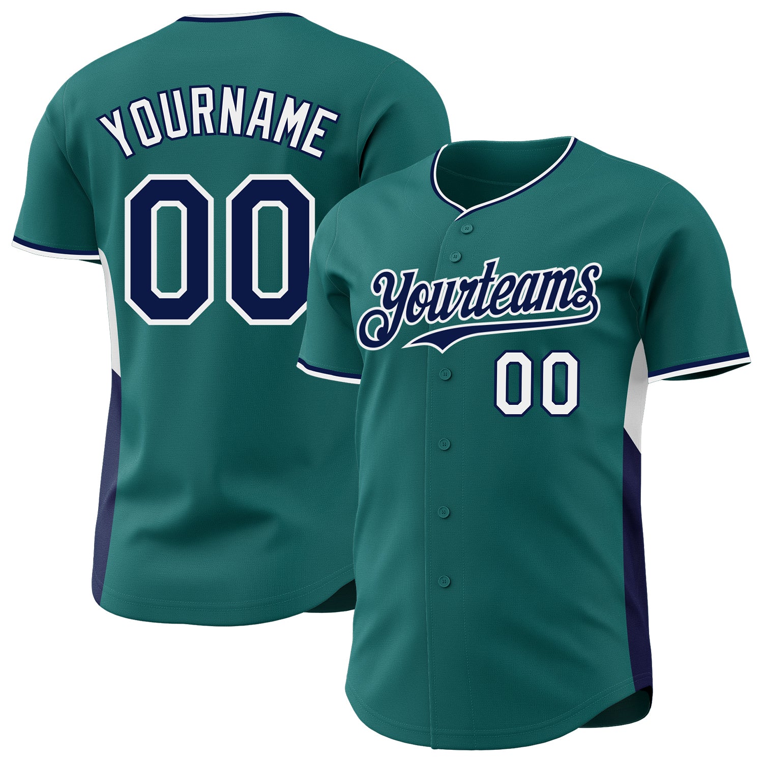 Custom Teal Navy-White Classic Color Block Side Panel Stripe Authentic Baseball Jersey