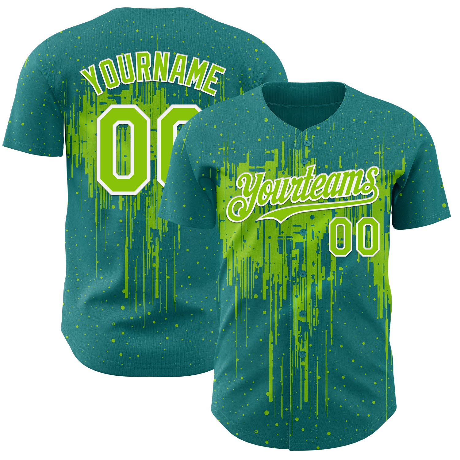 Custom Teal Neon Green-White 3D Pattern Design Dripping Splatter Paint Authentic Baseball Jersey