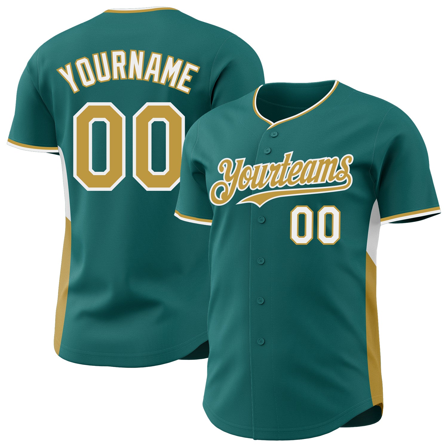 Custom Teal Old Gold-White Classic Color Block Side Panel Stripe Authentic Baseball Jersey