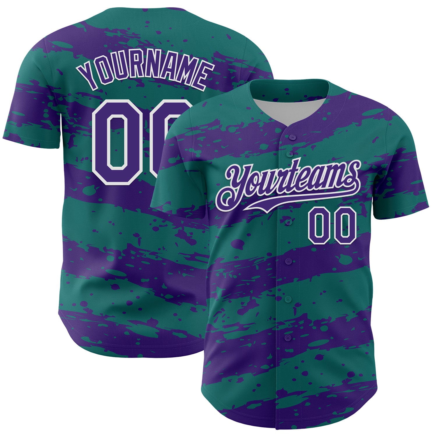 Custom Teal Purple-White 3D Pattern Design Paint Splash Stripe Authentic Baseball Jersey