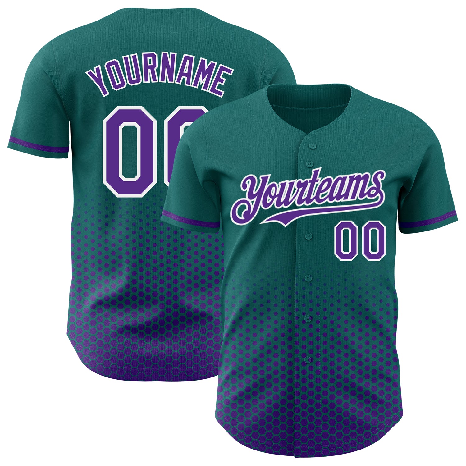 Custom Teal Purple-White Geometric Hexagonal Dot Gradient Authentic Baseball Jersey