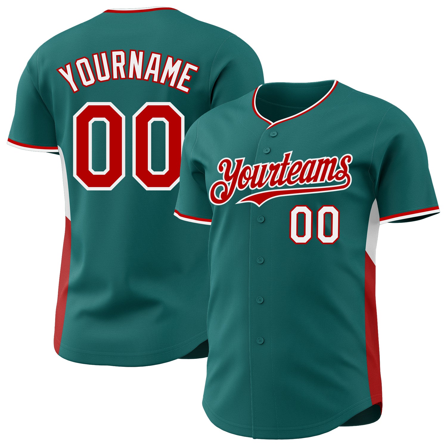 Custom Teal Red-White Classic Color Block Side Panel Stripe Authentic Baseball Jersey