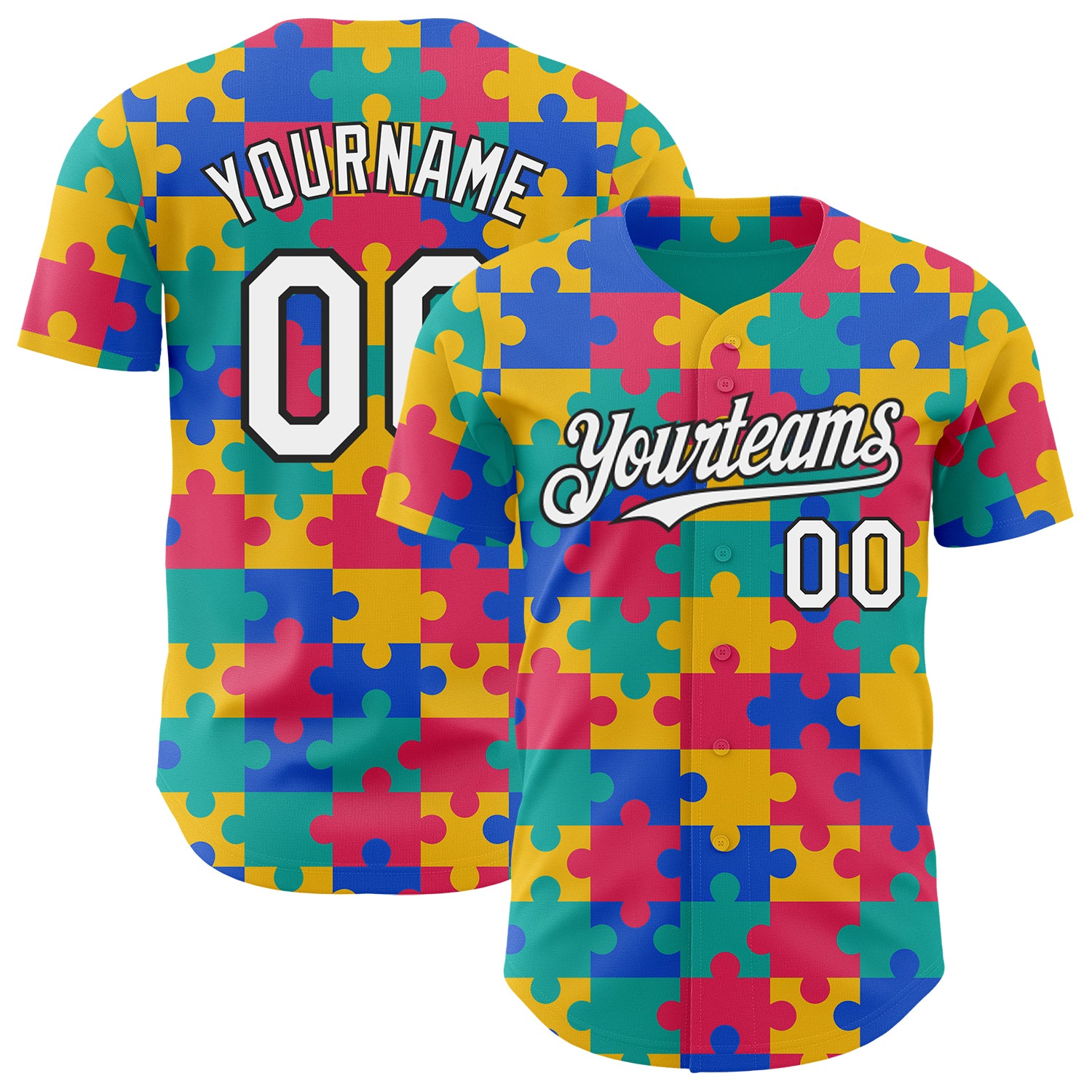 Custom Teal White-Black Puzzle 3D Pattern Design Authentic Baseball Jersey