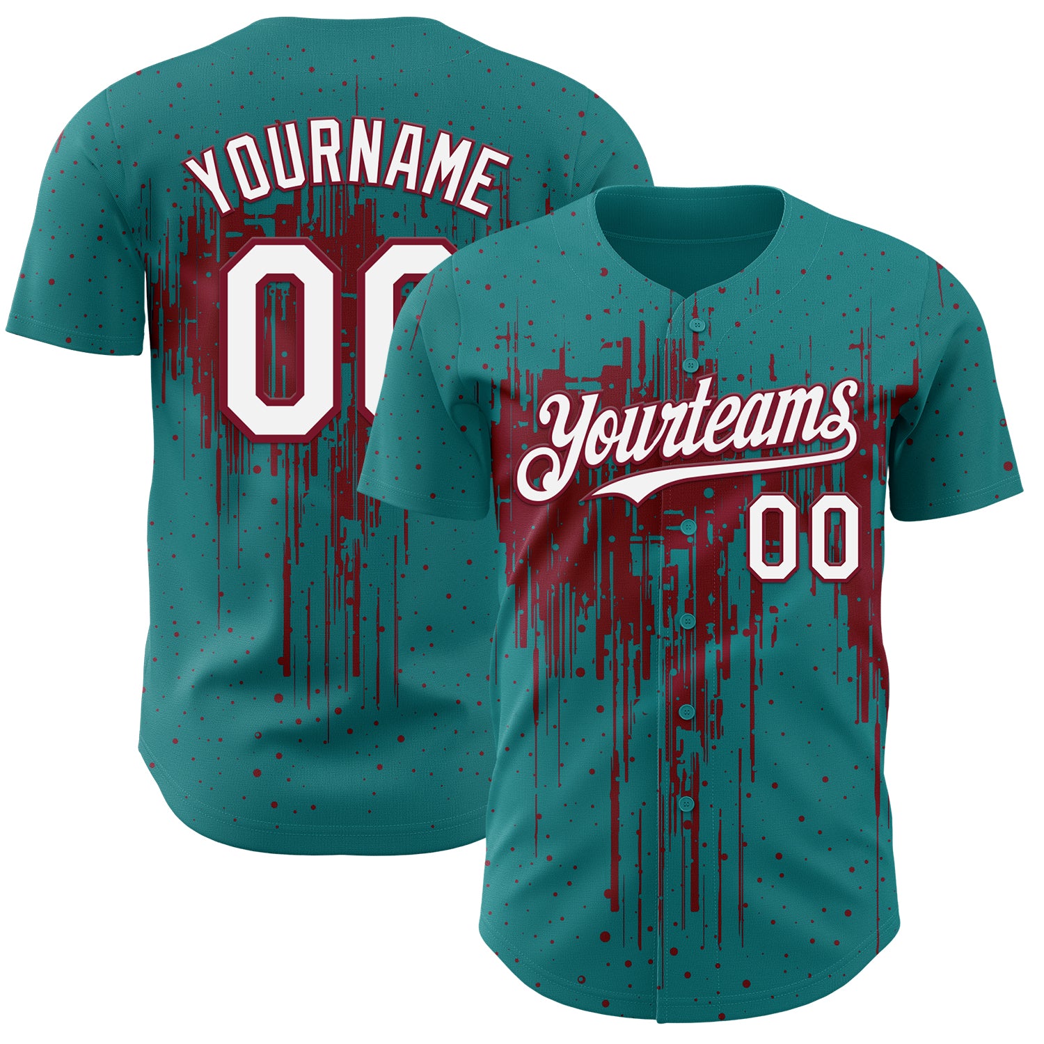 Custom Teal White-Crimson 3D Pattern Design Dripping Splatter Paint Authentic Baseball Jersey